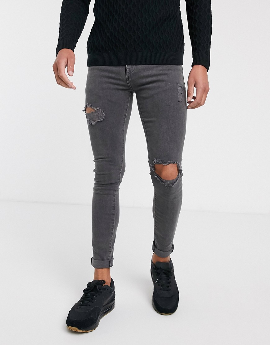 New Look – Grå superskinny jeans med slitningar-Svart