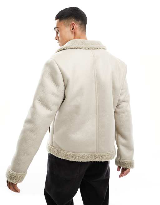 New Look – Gråbeige pilotjacka i fårskinnsimitation, 3 av 4
