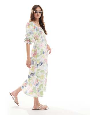 New Look – Gräddvit, blommig klänning med smock och långa ärmar - view 1