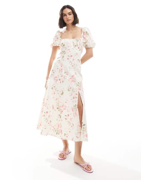 New Look – Gräddvit, blommig midiklänning i milkmaidstil med puffärmar - view 1