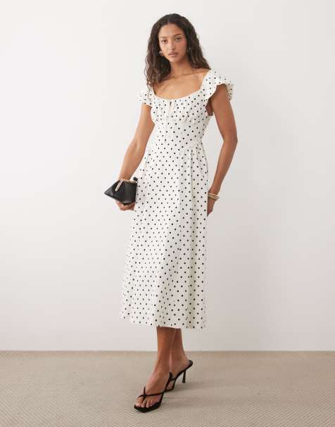 New Look – Gräddvit, prickig midiklänning i milkmaid-modell - view 1