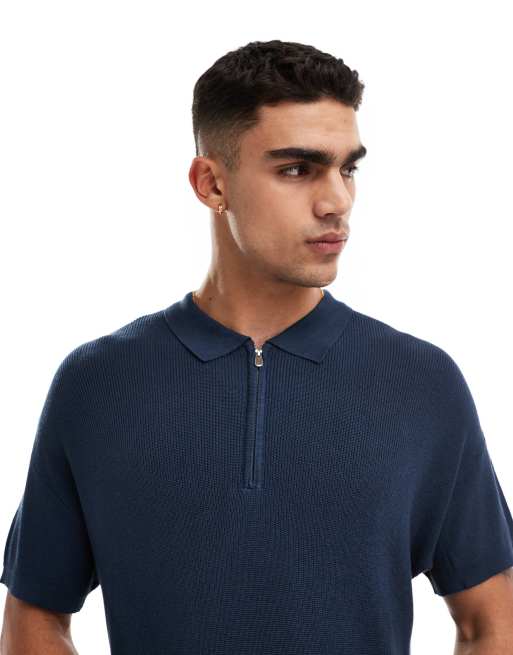 New Look – Granatowa dzianinowa koszulka polo z krótkimi rękawami i zamkiem pod szyją
