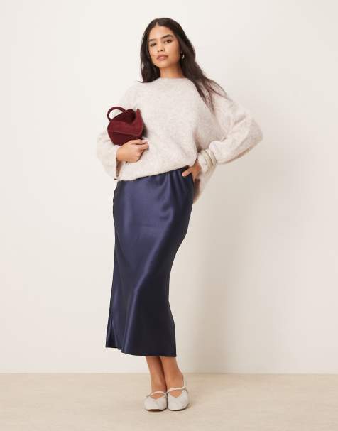 New Look satin midi bias skirt in navy
