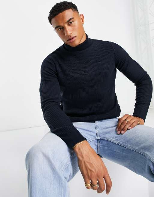 New Look – Granatowy sweter o kroju podkreślającym sylwetkę z odwijanym golfem