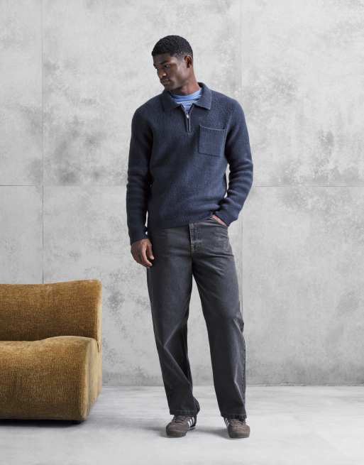 New Look – Granatowy sweter z kołnierzykiem polo i zapięciem na suwak pod szyją