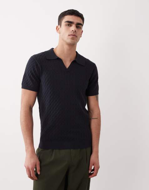 New Look – Granatowy T-shirt z dzianiny o warkoczowym splocie z kołnierzykiem - view 1