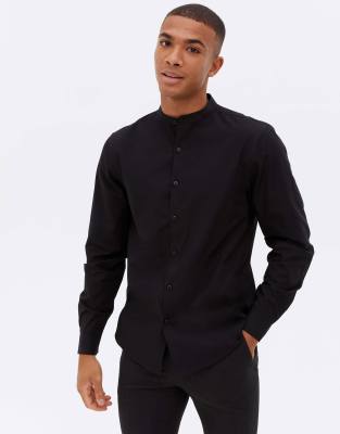 New Look Long Sleeve Grandad Poplin Shirt In Black