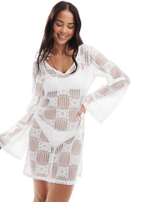 New Look - Granny - Caftano bianco in pizzo con motivo a quadri, 3 di 4