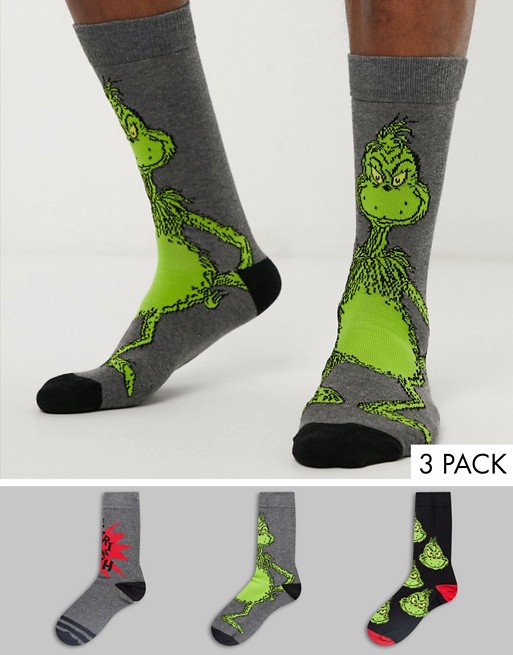 New Look Grinch all over print 3 pack socks in multi