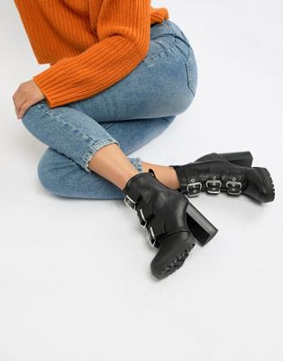 New Look – Grova boots med spänne och klack-Svart