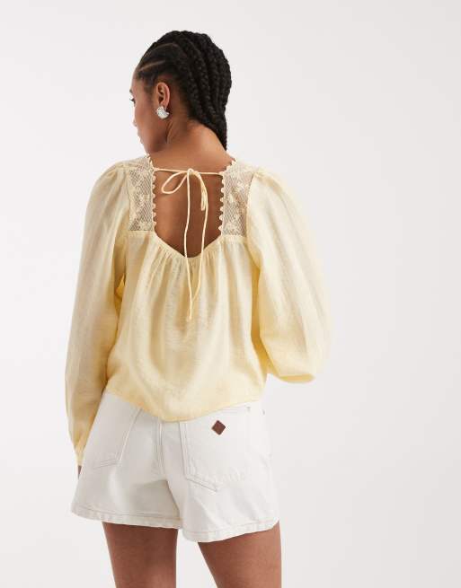 New Look - Gul bluse i blondemateriale med firkantet halsudskæring, 4 af 4