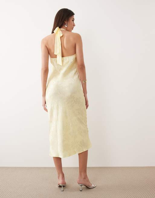 New Look - Gul maxikjole i satin-jacquard med halterneck og palmeprint, 4 af 4
