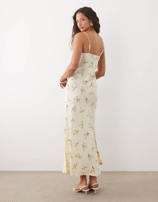 New Look - Gul midikjole med blondekant og småblomstret print i satin, 2 af 4