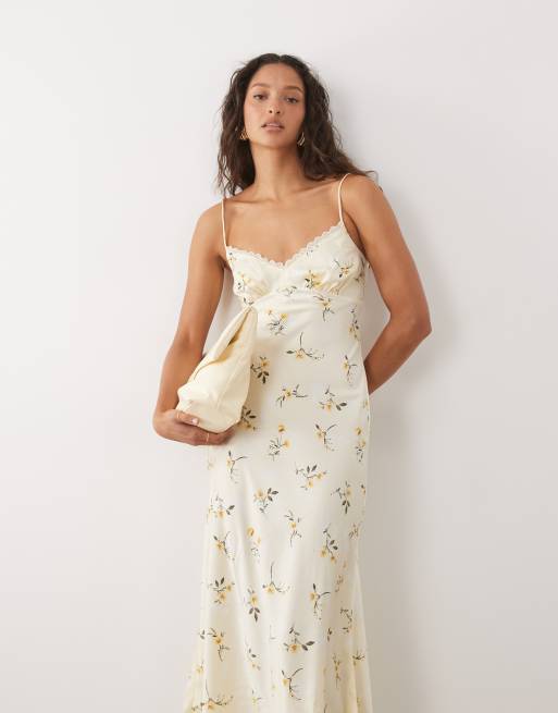 New Look - Gul midikjole med blondekant og småblomstret print i satin, 3 af 4