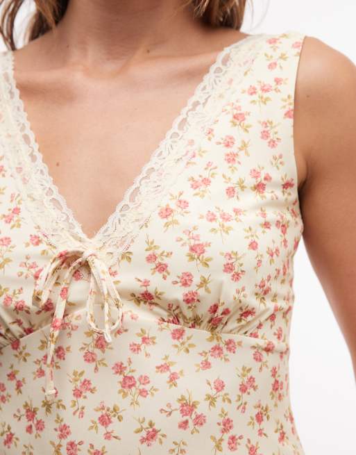 New Look - Gul minikjole med småblomstret print og blondekanter, 2 af 7