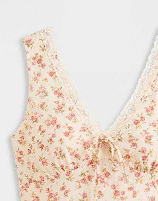 New Look - Gul minikjole med småblomstret print og blondekanter, 7 af 7