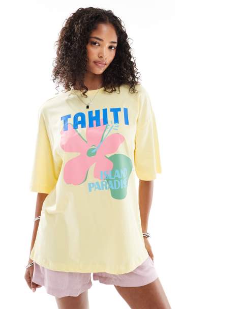 New Look – Gul t-shirt i oversize med Tahiti-tryck - view 1