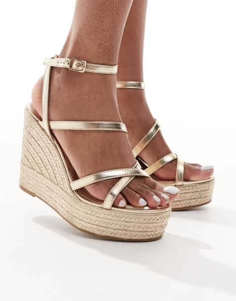 New Look – Guldfärgade espadrillos med kilklackar och smala remmar - view 1