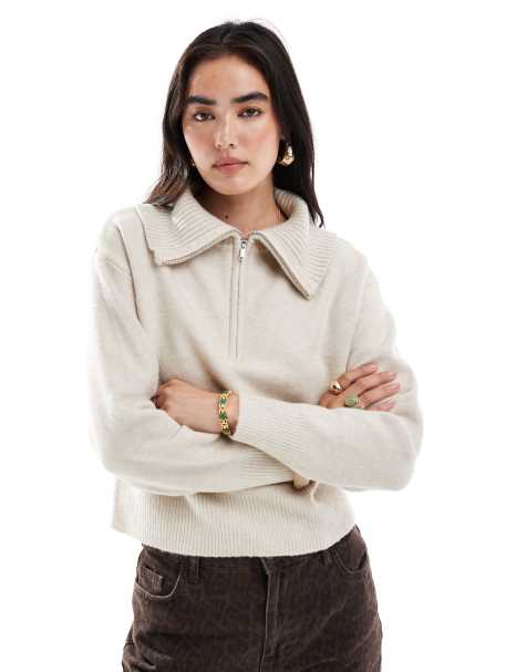 New Look half zip collar jumper in cream - view 1
