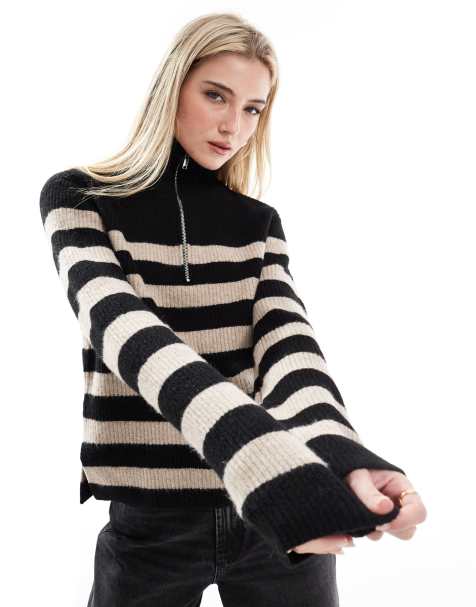 New Look half zip stripe jumper in black - view 1