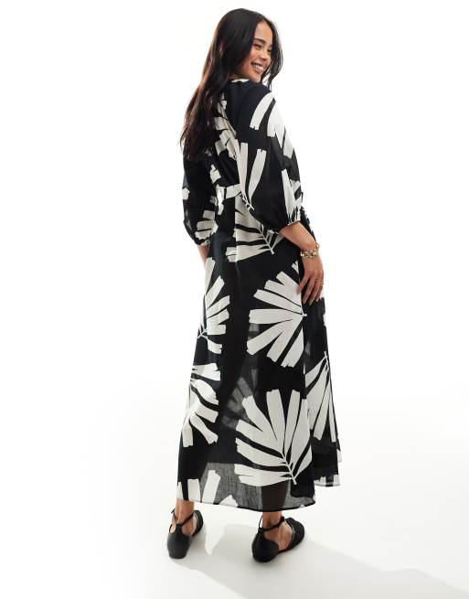 New Look - Halflange aangerimpelde jurk met palmprint in zwart, 4 van 4