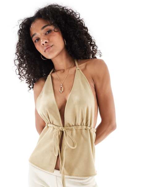 New Look halter drawstring suedette top in stone - view 1