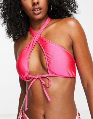 New Look Halter Neck Bikini Top In Bright Pink