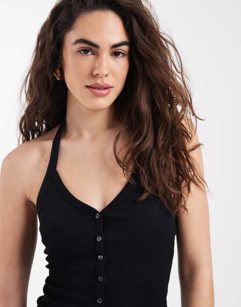 New Look halter neck button through top in black