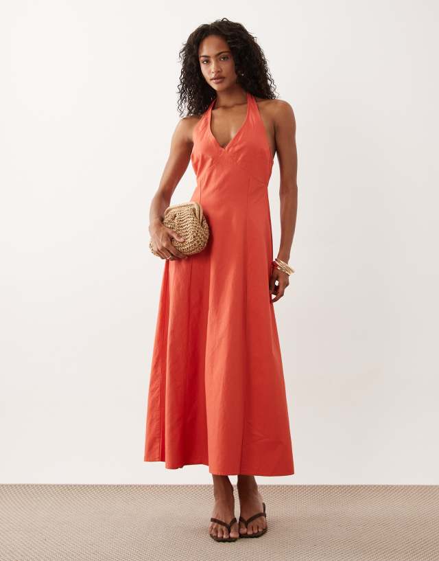 new look halter dress neck seam detail midi in red high waist pants