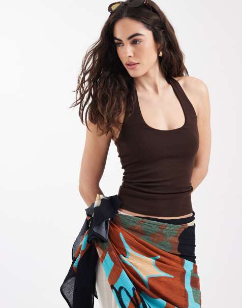 New Look halter neck singlet in dark brown - view 1