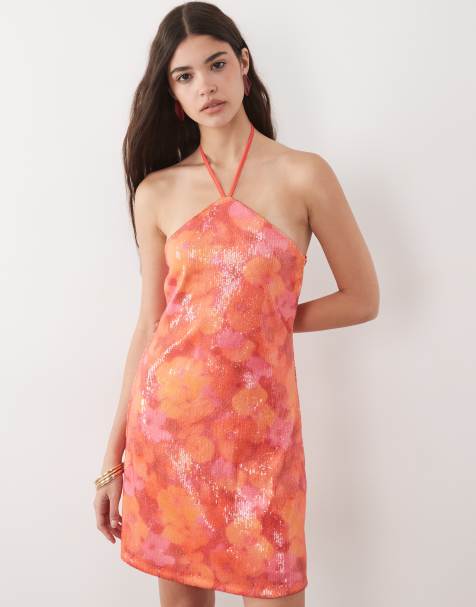 New Look halterneck sequin mini dress in pink floral - view 1