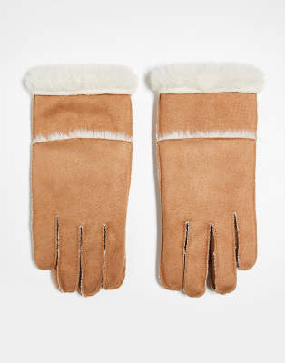 New Look - Handschuhe in Kamelbraun mit Lammfell-Weiß