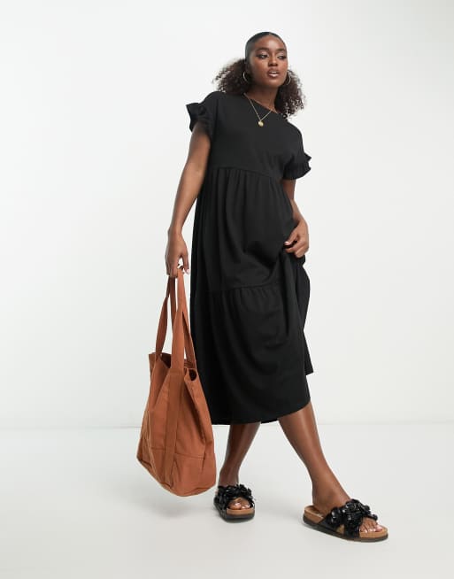 New Look Hangerkleid in Midilange mit Ruschenarmeln in Schwarz ASOS