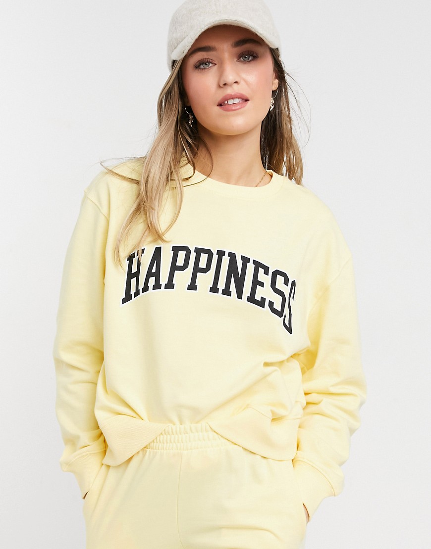 New Look happiness slogan sweatshirt set in light yellow