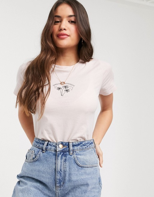 New Look happiness slogan tee in pale pink