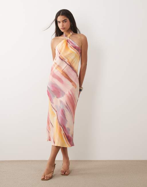New Look hardware halterneck midi dress in pink blur print, 2 of 4
