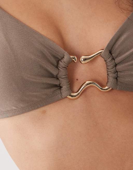 New Look - Haut de bikini avec bordure dorée - Marron clair, 3 de 4