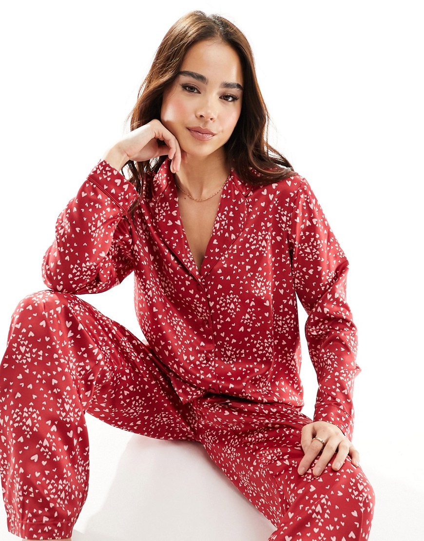 New Look heart print sation revere trouser set in red