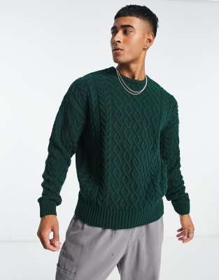 New Look heavy cable knit jumper in dark green | ASOS