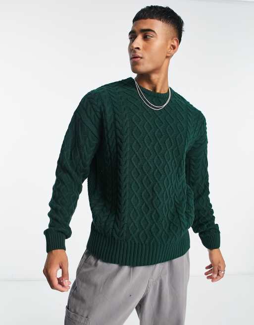 New Look heavy cable knit sweater in dark green | ASOS