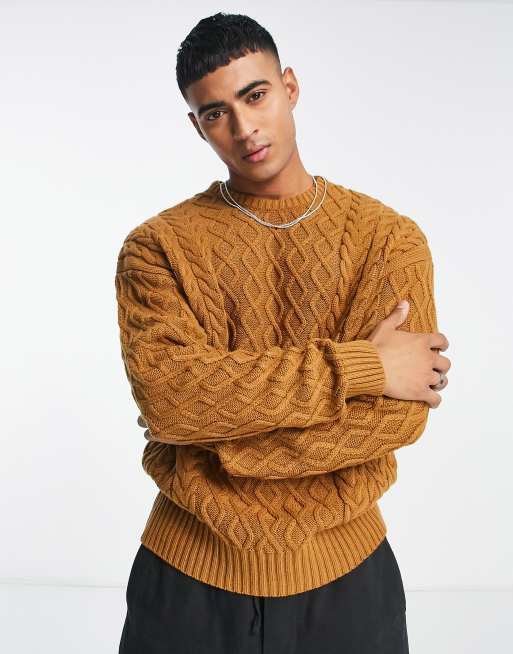 Relaxed Fit Cable-knit Sweater - Orange - Men