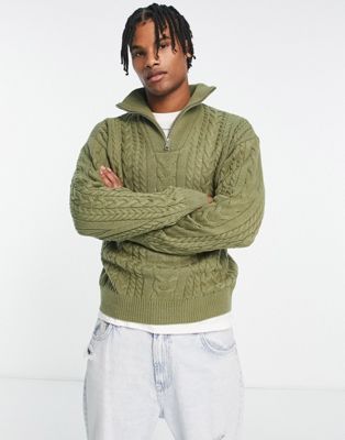 New Look heavy cable relaxed fit knit jumper in light khaki