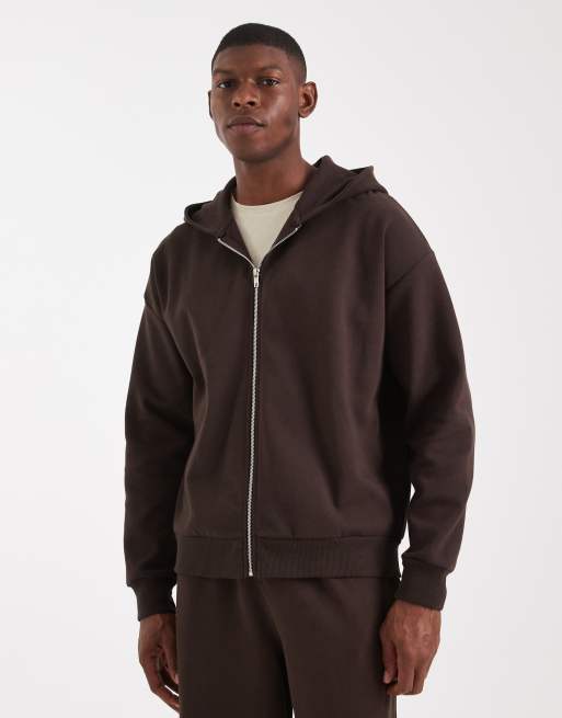 New Look heavyweight zip through hoodie co-ord in dark brown, 2 of 5