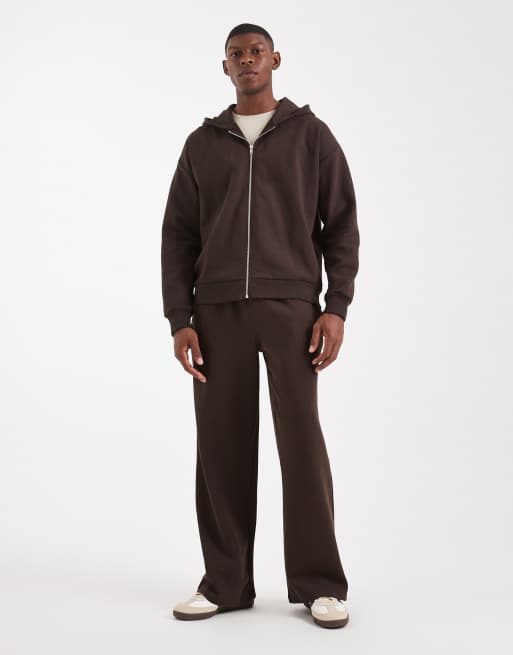 New Look heavyweight zip-through hoodie in dark brown (Part of a set)