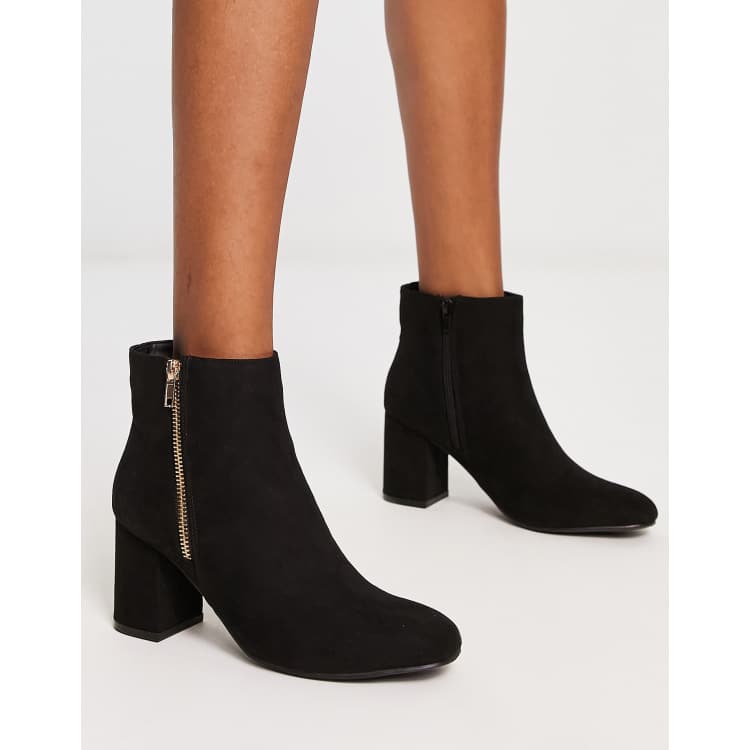 New Look heeled ankle boots with gold zip detail in black suedette