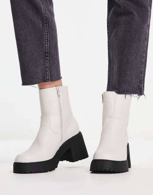 White Chunky Block Heel Sock Boot