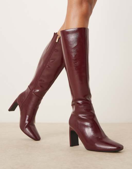 New Look heeled knee boot in burgundy ASOS