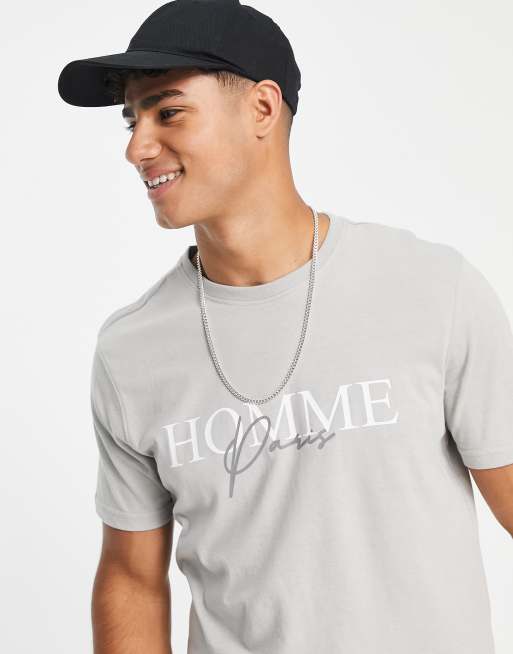 New Look – Hellgraues T-Shirt mit Homme-Print