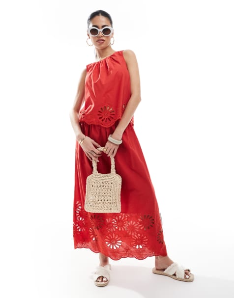 New Look - Hemdje met zoom met broderie in rood, deel van co-ord set - view 1