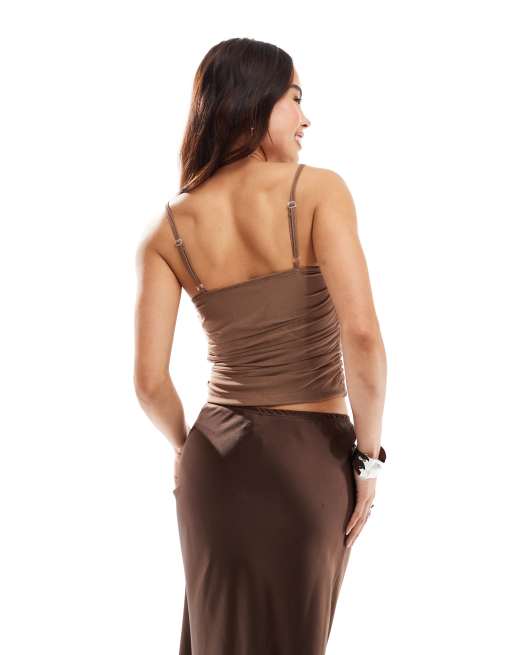 New Look - Hemdje van gerimpeld mesh in middenbruin, 4 van 4